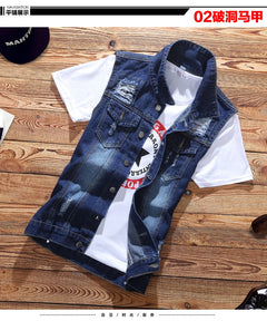 2021 New Thin Mens Vest Trousers 2pcs Set Denim Waistcoat Pencil Pants Casual Boys Slim Fit Single Breasted