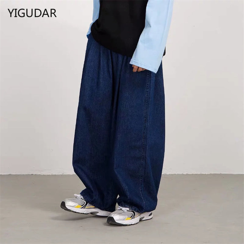 Men Wide Leg Jeans Baggy Retro Blue Japanese Simple Leisure Stylish Soft All-match Pocket Large Size S-3XL Solid New-fashion Hot
