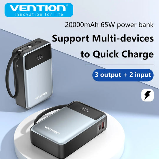 G Creator Vention 20,000mAh 65W PD Power Bank Fast USB-C Laptop &amp; Phone Charger with Built-In Cable