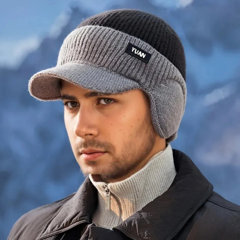 G Style Dual-Tone Knit Baseball Cap Warm Dad Hat with Ear Protection for Outdoor Wear