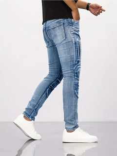 Pencil Jeans Men Ankle Length Denim Pants Washed Ripped Jeans Spliced Patchwork Pockets Slim Fit Moto Biker High Waist Man