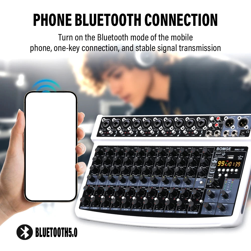 G-Mix BOMGE 12-Channel Professional Audio Mixer 48V Phantom Power, 99 DSP Effects &amp; Live Streaming Sound Console