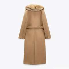 Elegant Fur Lapel Maxi Coats Women Lace Up Full Sleeve Pocket Wool Long Overcoats 2024 Winter New Lady High Street Outwear