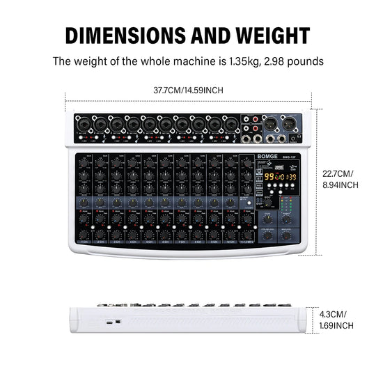 G-Mix BOMGE 12-Channel Professional Audio Mixer 48V Phantom Power, 99 DSP Effects &amp; Live Streaming Sound Console