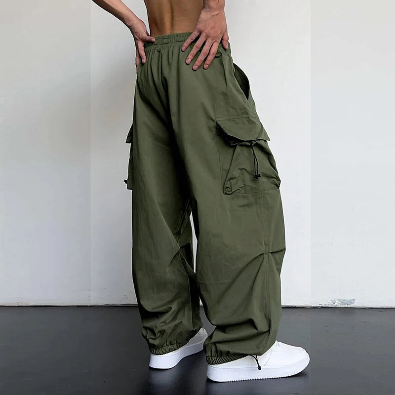 G Style Men's Wide-Leg Cargo Pants Drawstring Casual Streetwear Trousers