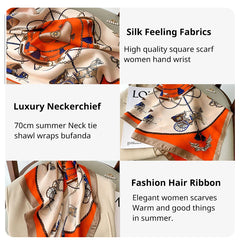 Luxury Print Silk Feeling Square Scarf Women Spring Neck Tie Shawl Wraps Female 70cm Hair Hand Wrist Headkercheif Hijab Bandana