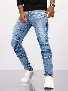 Pencil Jeans Men Ankle Length Denim Pants Washed Ripped Jeans Spliced Patchwork Pockets Slim Fit Moto Biker High Waist Man