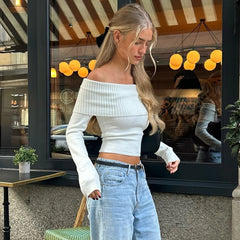 WhereMery Solid Elegant Women Off Shoulder Ribbed Crop Tops Y2K Fashion Casual Skinny Long Sleeve Tank Top Spring Tight T-shirts