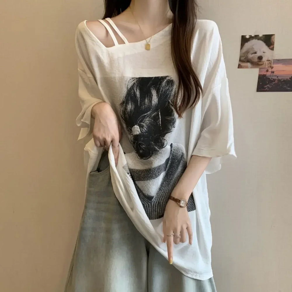G Style Women's Off-Shoulder Graphic T-Shirt Vintage Casual Summer Top