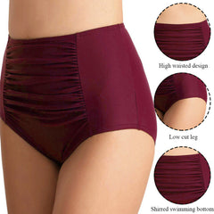 High Waist Ruched Bikini Bottoms Women Tummy Control Swimsuit Briefs Pants Solid Beachwear Spandex 2024Beach Style Summer