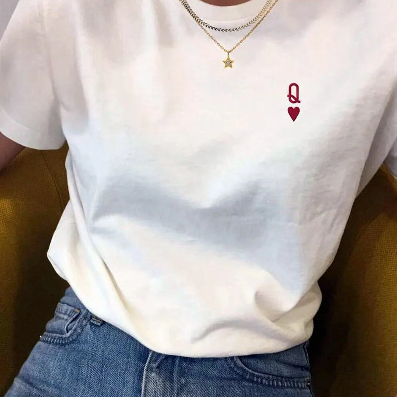 Queen of Hearts Letter Embroidered T Shirts Female White Loose Cotton Tops Tees Summer Short Sleeve Casual Shirt Women