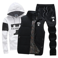 3 Pieces Set Hoodies+Vest+Pants Casual Men's Track Suit Clothing Coats Winter Thick Warm Tracksuit for Men Printed Mens Set Vest