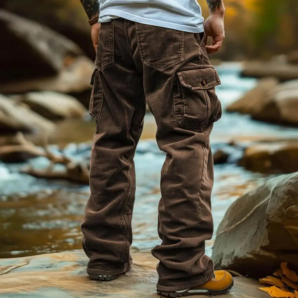 G Style Men's Corduroy Cargo Pants Relaxed Fit Multi-Pocket Casual Trousers