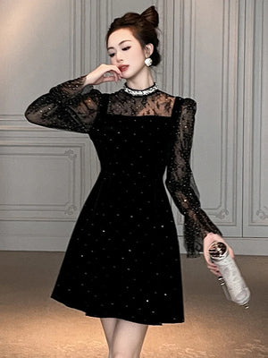 G Style Women's Rhinestone Lace Party Dress Elegant Sheer Panel Mini Evening Dress