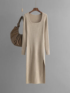 Women Knitted Dress With Side Slit Long Sleeve Solid Elegant Dresses For Ladies Light Blue Big Collar Skinny Long Dresses Autumn