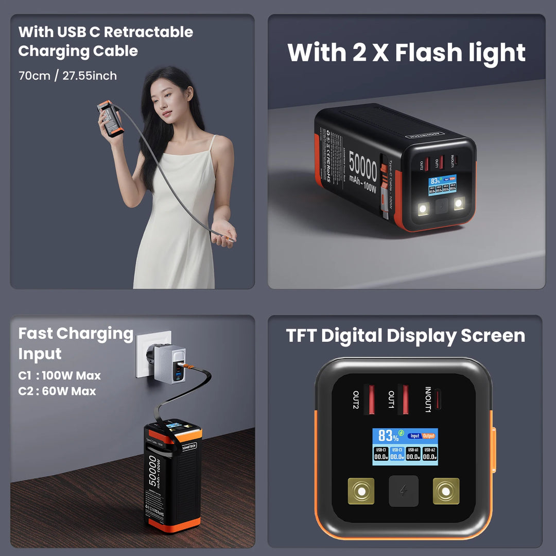 G Creator 50,000mAh 100W PD Power Bank Fast Charging Portable Charger with Retractable USB-C Cable