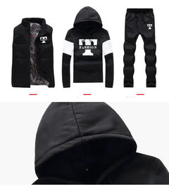 3 Pieces Set Hoodies+Vest+Pants Casual Men's Track Suit Clothing Coats Winter Thick Warm Tracksuit for Men Printed Mens Set Vest