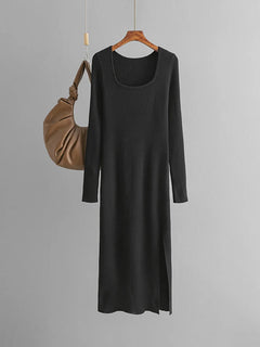 Women Knitted Dress With Side Slit Long Sleeve Solid Elegant Dresses For Ladies Light Blue Big Collar Skinny Long Dresses Autumn