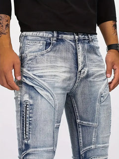 Pencil Jeans Men Ankle Length Denim Pants Washed Ripped Jeans Spliced Patchwork Pockets Slim Fit Moto Biker High Waist Man