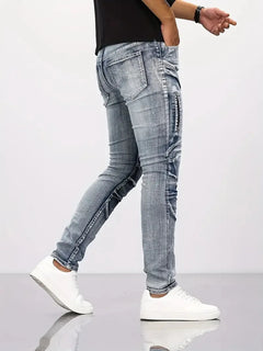 Pencil Jeans Men Ankle Length Denim Pants Washed Ripped Jeans Spliced Patchwork Pockets Slim Fit Moto Biker High Waist Man