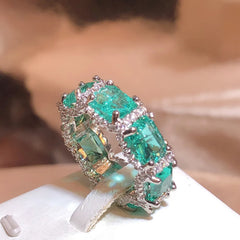 925 Silver Plated Paraiba Zircon Jewelry Heavy Industry Inlaid Aquamarine Topaz Ring Women's Party Wedding Rings