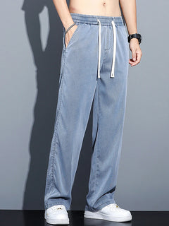 2024 Spring/Summer New Soft Lyocell Fabric Men's Jeans Thin Loose Straight Leg PantsDrawstring Elastic Waist Korean casual pants