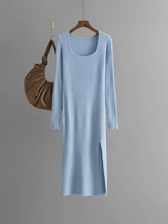 Women Knitted Dress With Side Slit Long Sleeve Solid Elegant Dresses For Ladies Light Blue Big Collar Skinny Long Dresses Autumn