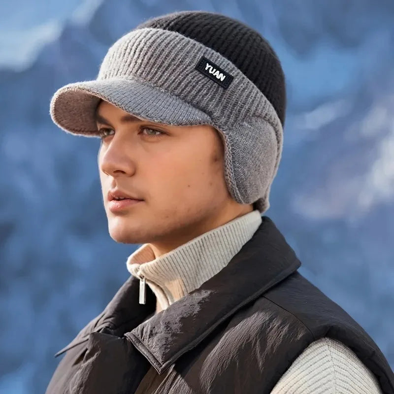 G Style Dual-Tone Knit Baseball Cap Warm Dad Hat with Ear Protection for Outdoor Wear