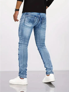 Pencil Jeans Men Ankle Length Denim Pants Washed Ripped Jeans Spliced Patchwork Pockets Slim Fit Moto Biker High Waist Man