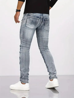 Pencil Jeans Men Ankle Length Denim Pants Washed Ripped Jeans Spliced Patchwork Pockets Slim Fit Moto Biker High Waist Man