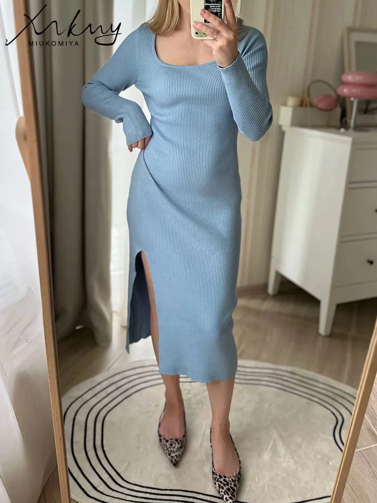 Women Knitted Dress With Side Slit Long Sleeve Solid Elegant Dresses For Ladies Light Blue Big Collar Skinny Long Dresses Autumn