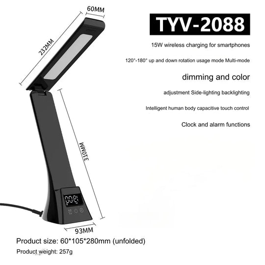 G Workspace LED Desk Lamp with Wireless Charger USB Powered Dimmable Light with Digital Clock &amp; Alarm
