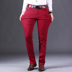 2023 New  Autumn Wine Red Jeans Men Fashion Casual Classic Style Business Straight Fit Soft Trousers Male Advanced Pants