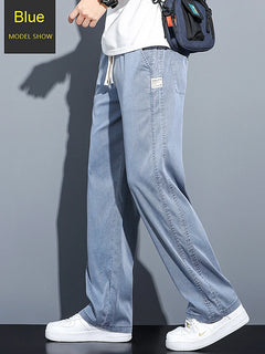 2024 Spring/Summer New Soft Lyocell Fabric Men's Jeans Thin Loose Straight Leg PantsDrawstring Elastic Waist Korean casual pants