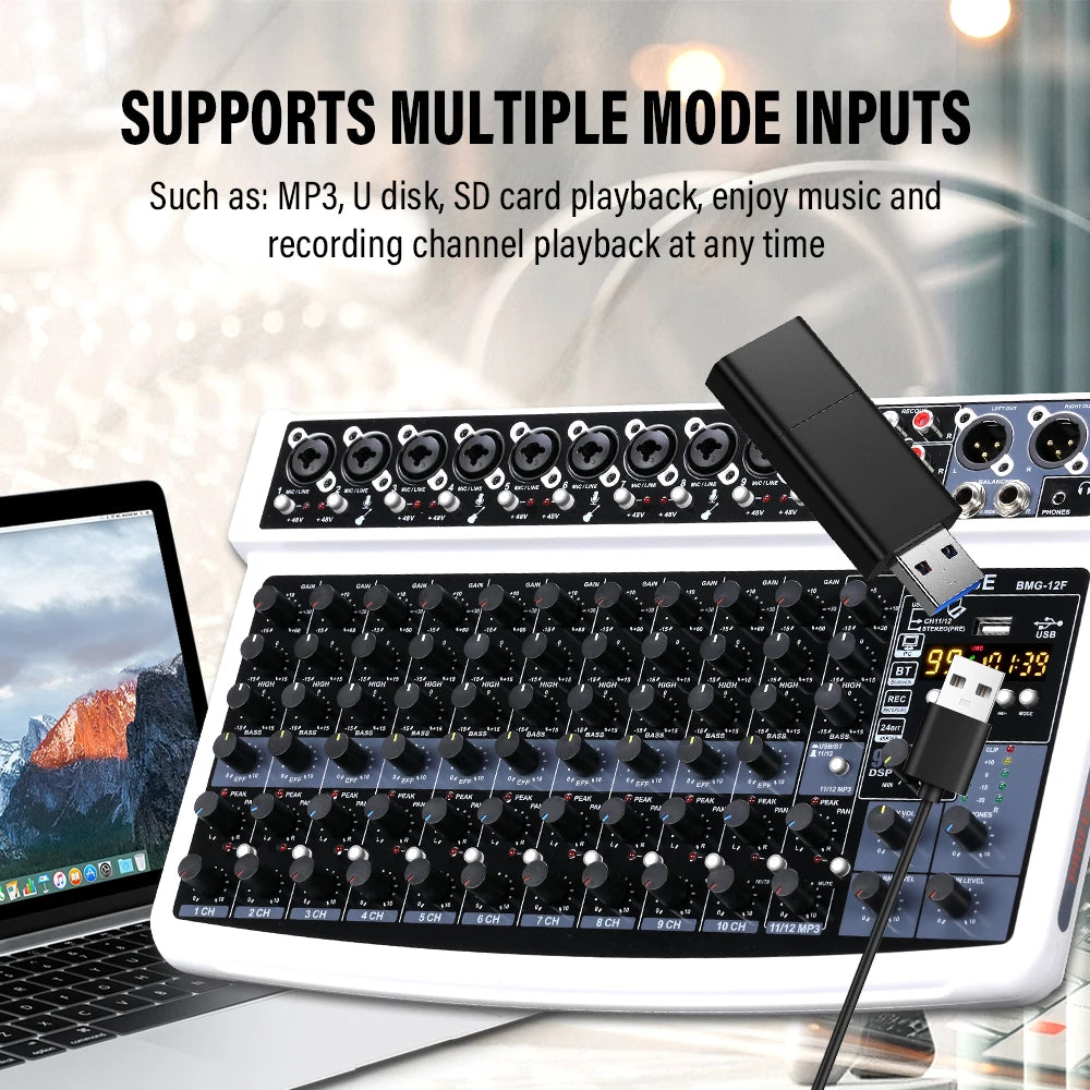 G-Mix BOMGE 12-Channel Professional Audio Mixer 48V Phantom Power, 99 DSP Effects &amp; Live Streaming Sound Console