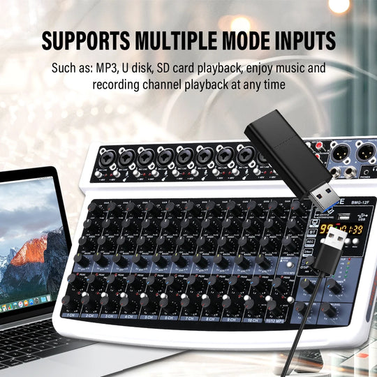 G-Mix BOMGE 12-Channel Professional Audio Mixer 48V Phantom Power, 99 DSP Effects &amp; Live Streaming Sound Console