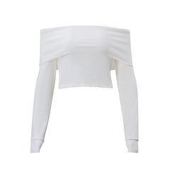 WhereMery Solid Elegant Women Off Shoulder Ribbed Crop Tops Y2K Fashion Casual Skinny Long Sleeve Tank Top Spring Tight T-shirts