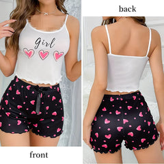 Heart-Shaped Printed Patterns Paired with Sleeveless Round Neck Suspender Top and Casual Home Shorts for Women's Pajama Set