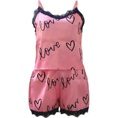 New Ladies Cute Sexy Printed Pajamas 2-Piece Spring/Summer Home Wear Fashion Lace Patchwork Suspenders Set