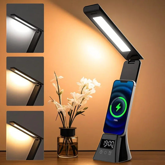 G Workspace LED Desk Lamp with Wireless Charger USB Powered Dimmable Light with Digital Clock &amp; Alarm