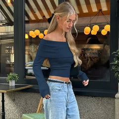 WhereMery Solid Elegant Women Off Shoulder Ribbed Crop Tops Y2K Fashion Casual Skinny Long Sleeve Tank Top Spring Tight T-shirts