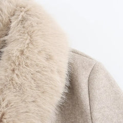 Elegant Fur Lapel Maxi Coats Women Lace Up Full Sleeve Pocket Wool Long Overcoats 2024 Winter New Lady High Street Outwear