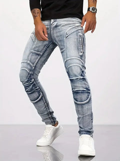 Pencil Jeans Men Ankle Length Denim Pants Washed Ripped Jeans Spliced Patchwork Pockets Slim Fit Moto Biker High Waist Man