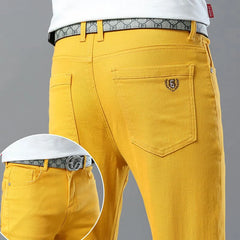 Men's Casual Stretch Skinny Jeans New Elastic Yellow Pink Red Slim Male Clothing Solid Color Simple Business Denim Trousers