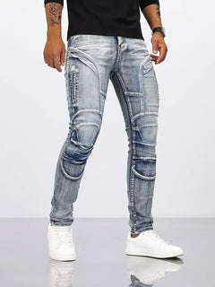Pencil Jeans Men Ankle Length Denim Pants Washed Ripped Jeans Spliced Patchwork Pockets Slim Fit Moto Biker High Waist Man