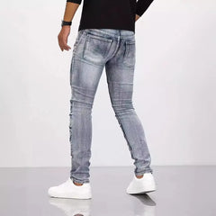 Pencil Jeans Men Ankle Length Denim Pants Washed Ripped Jeans Spliced Patchwork Pockets Slim Fit Moto Biker High Waist Man