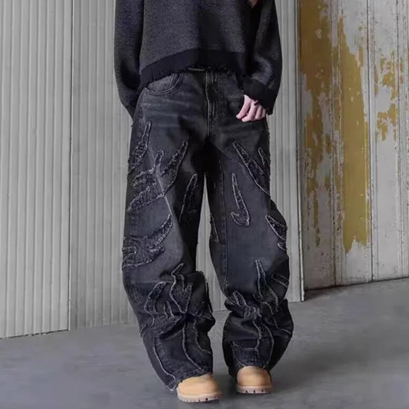 G Style Men's Baggy Embroidered Jeans Wide-Leg Streetwear Denim Pants