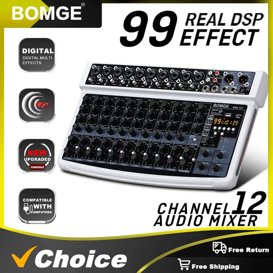 G-Mix BOMGE 12-Channel Professional Audio Mixer 48V Phantom Power, 99 DSP Effects &amp; Live Streaming Sound Console