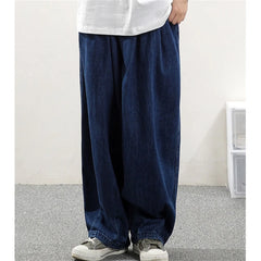 Men Wide Leg Jeans Baggy Retro Blue Japanese Simple Leisure Stylish Soft All-match Pocket Large Size S-3XL Solid New-fashion Hot