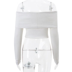 WhereMery Solid Elegant Women Off Shoulder Ribbed Crop Tops Y2K Fashion Casual Skinny Long Sleeve Tank Top Spring Tight T-shirts